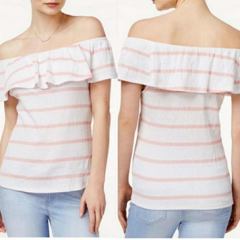 Maison Jules Pink and White Off The Shoulder Ruffle Top NWT Sz L